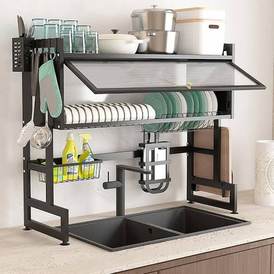 3-Tier Over-the-Sink Dish Drainer Rack with Cover Space-Saving Kitchen Organizer